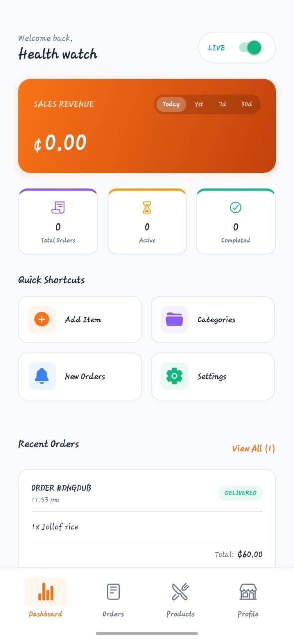 BigBytes Vendor dashboard screen showing sales revenue and recent orders
